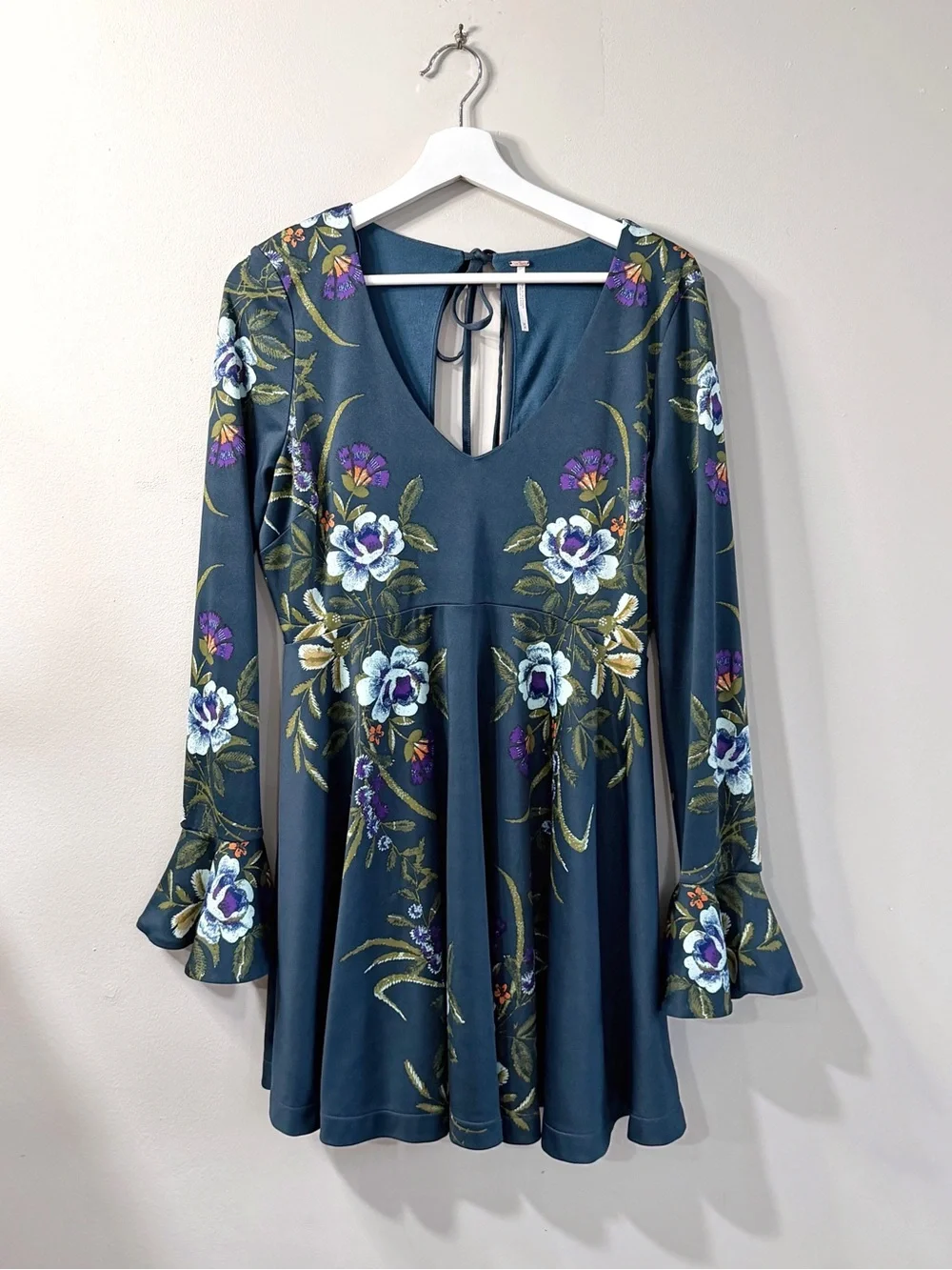 Free People Women M Teal Floral Bell Sleeve Mini Dress Open Back Boho Festival